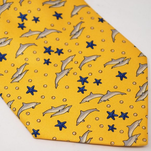 Lancel Other - Lancel Paris Necktie Dolphin Starfish Silk Yellow Whimsy Marine Mammal Ocean Fun